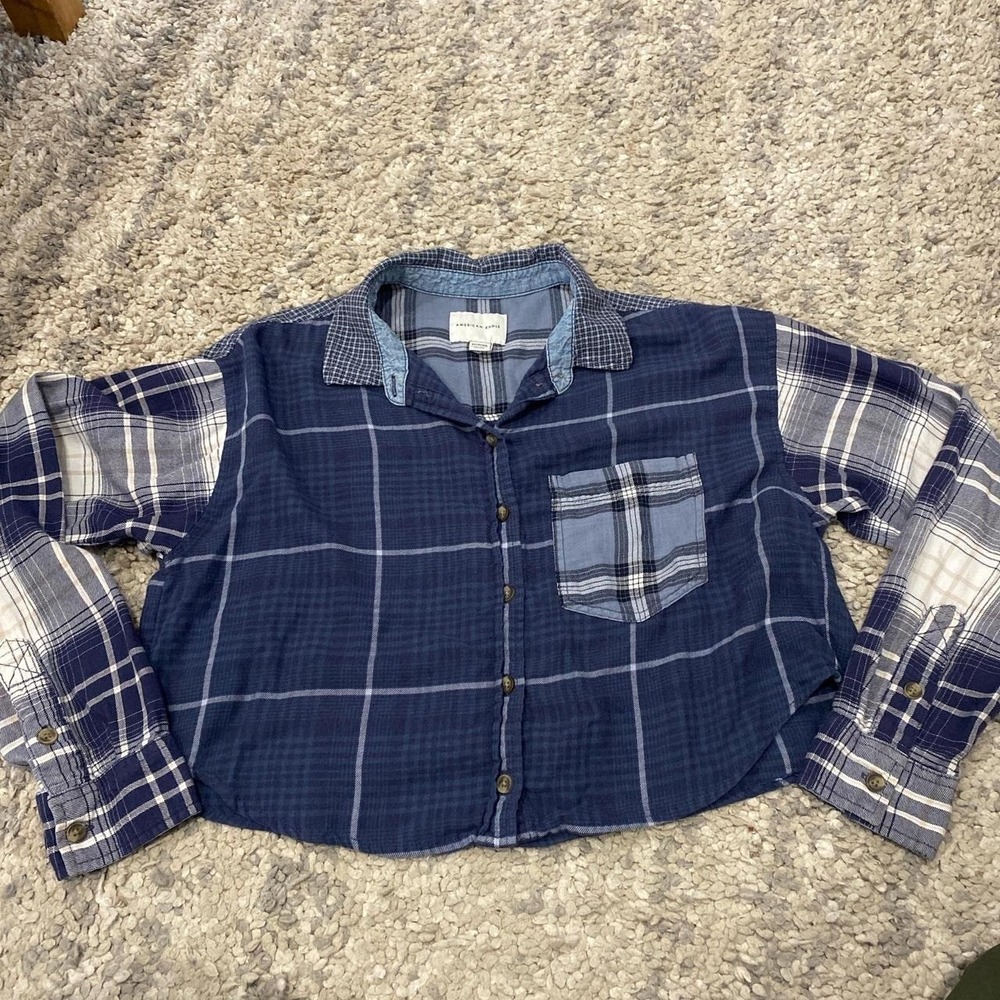 American Eagle flannel button up pachwork plaid shirt XS blue